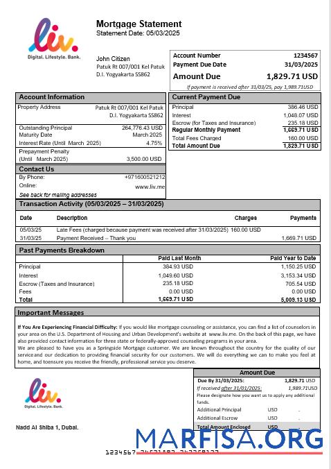 Blank UAE Liv. Digital Bank mortgage statement in Word and PDF formats real example